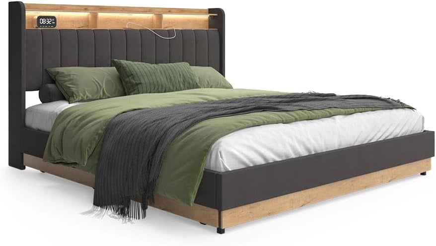 Letto imbottito Nura, Antracite, 180x200 cm con materasso, con porta di ricarica USB, illuminazione LED e telecomando