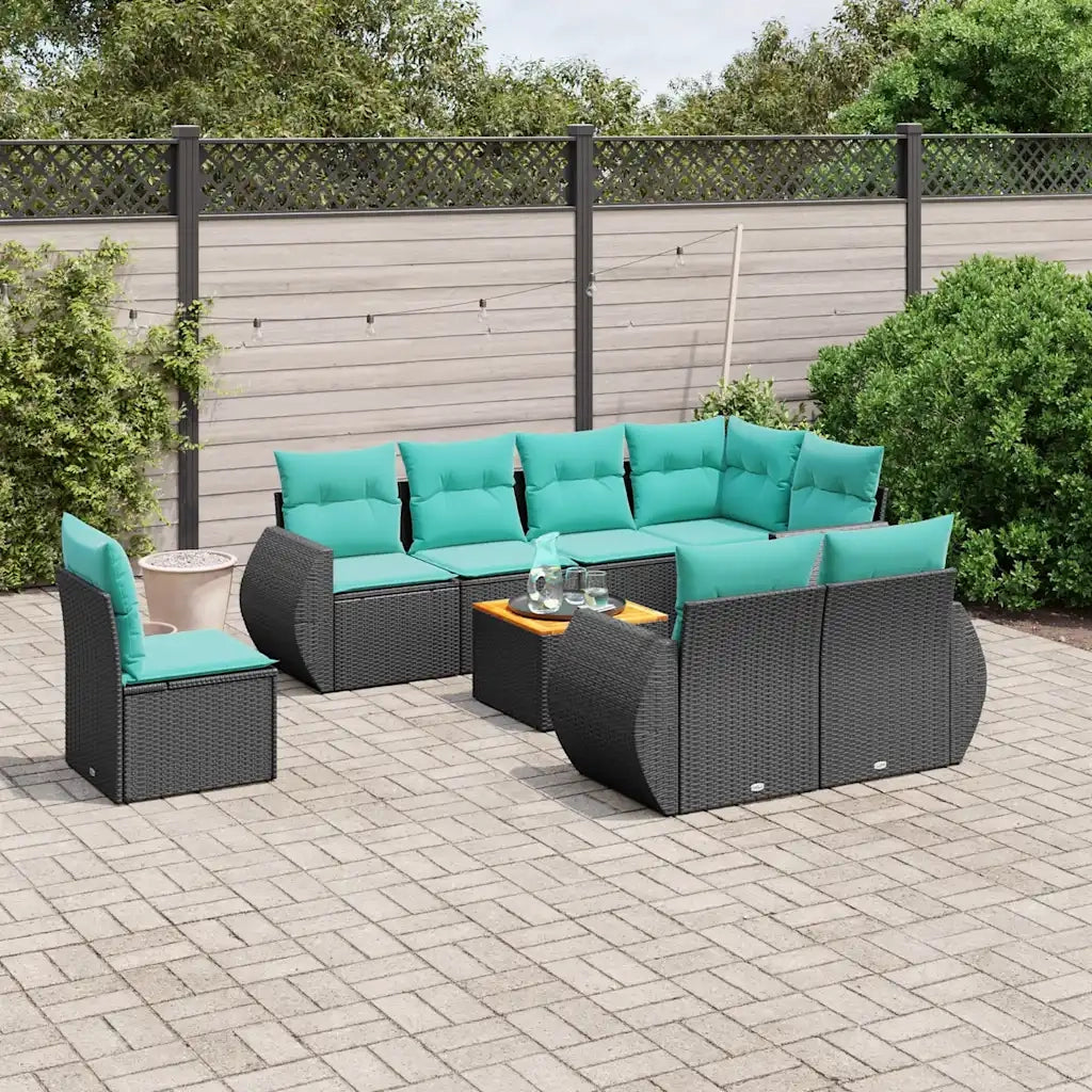 Set Divani da Giardino 9 pz con Cuscini Nero in Polyrattan 3225098