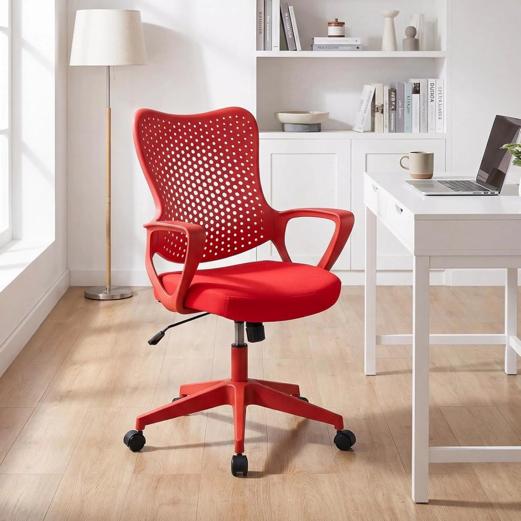 Sedia da Ufficio Ergonomica, con Schienale Reclinabile, Regolabile in Altezza, Sedia Scrivania con Seduta Girevole 360°e Ruote per Ufficio, Studio e Soggiorno, Portata 150 kg (Rosso)