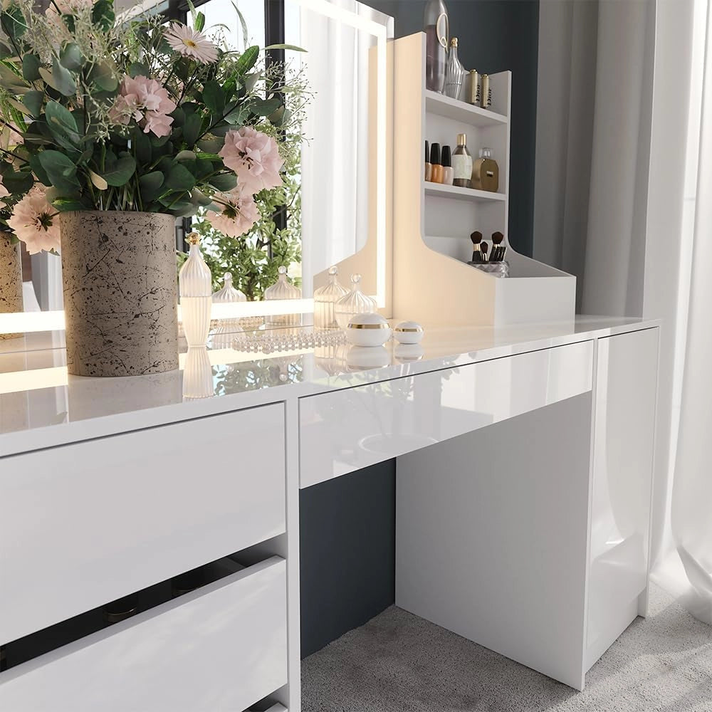 Tavolo da toeletta Sherry, Bianco/bianco lucido, 158.2 cm 3 parti