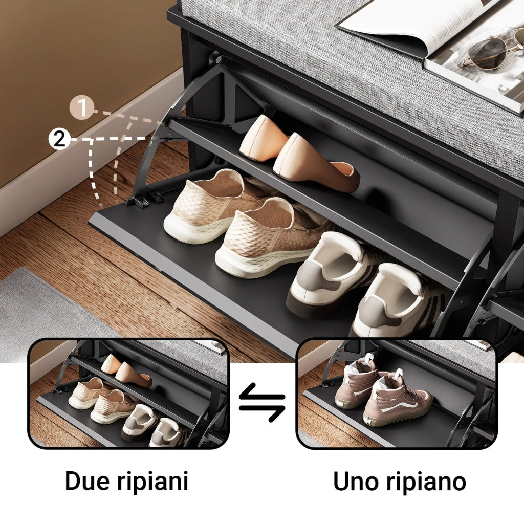 SoBuy Panca Scarpiera da Ingresso - Scarpiera Salvaspazio Slim in Legno, Panca Contenitore per 8-10 Paia di Scarpe, 158kg di Carico, Nero, 100x26x46cm, FSR98-XL-SCH