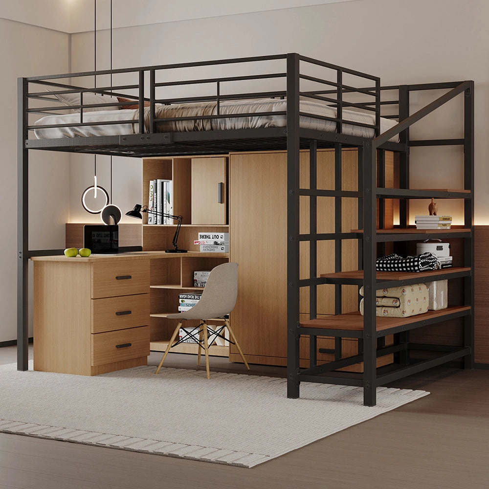Letto a soppalco 140x200 cm - Xylo - Robusto in metallo con scala e spazio di archiviazione, Nero