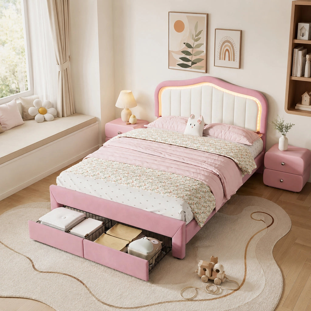 Letto imbottito rosa 140x200 cm in velluto con 2 cassetti e LED controllati tramite app per cameretta