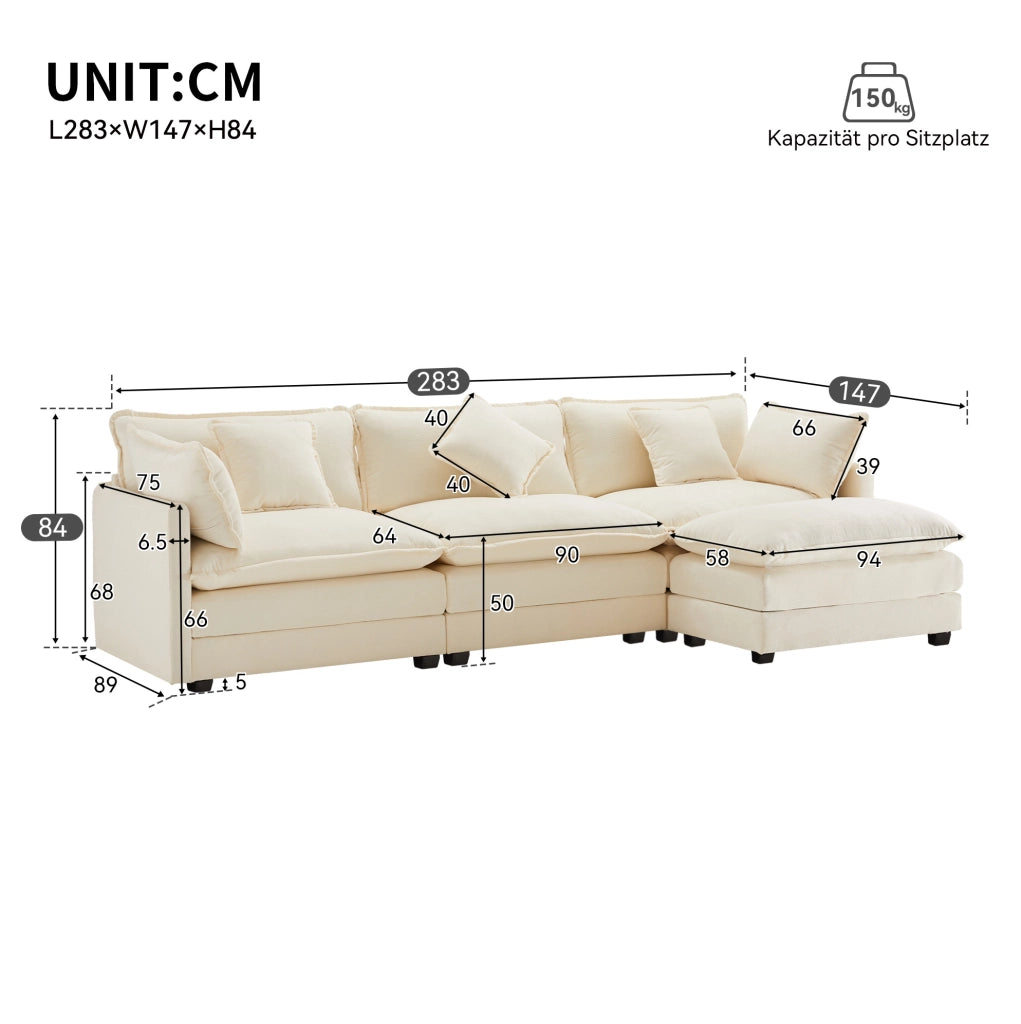 Divano 3 posti in chenille beige con pouf mobile, 283 cm
