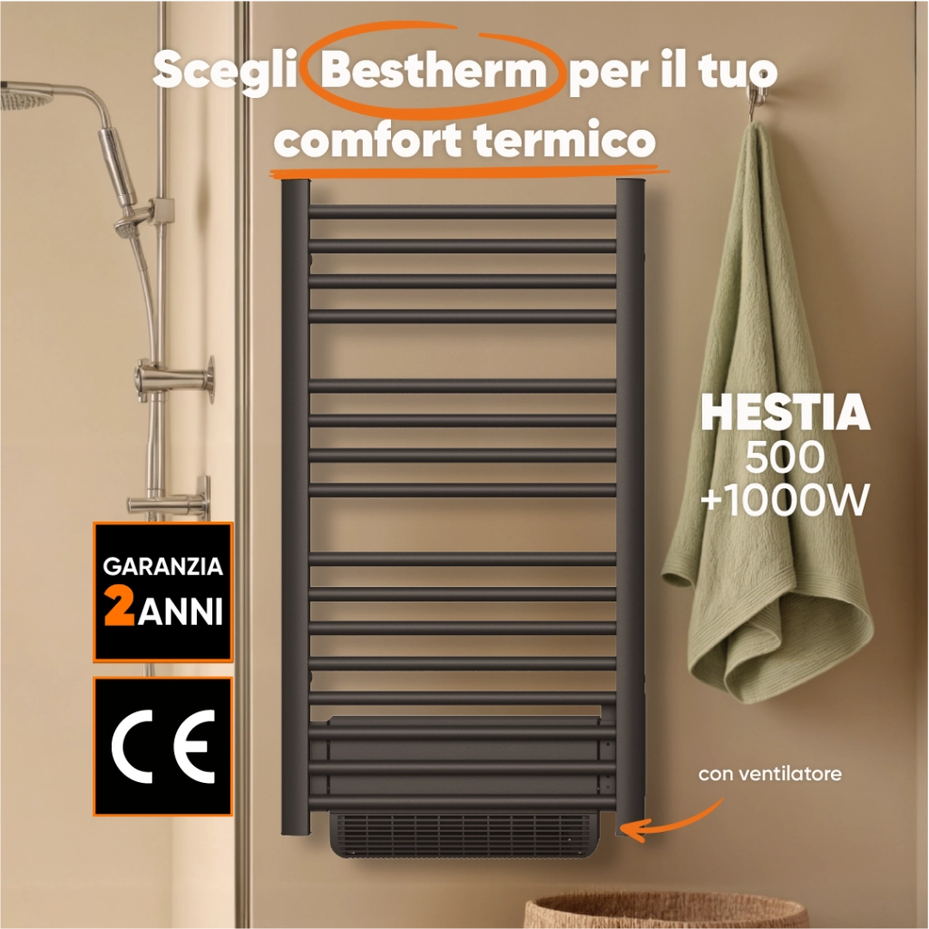 Scaldasalviette elettrico senza liquidi con soffiante 500W+1000W H.100,5xL54cm HESTIA nero