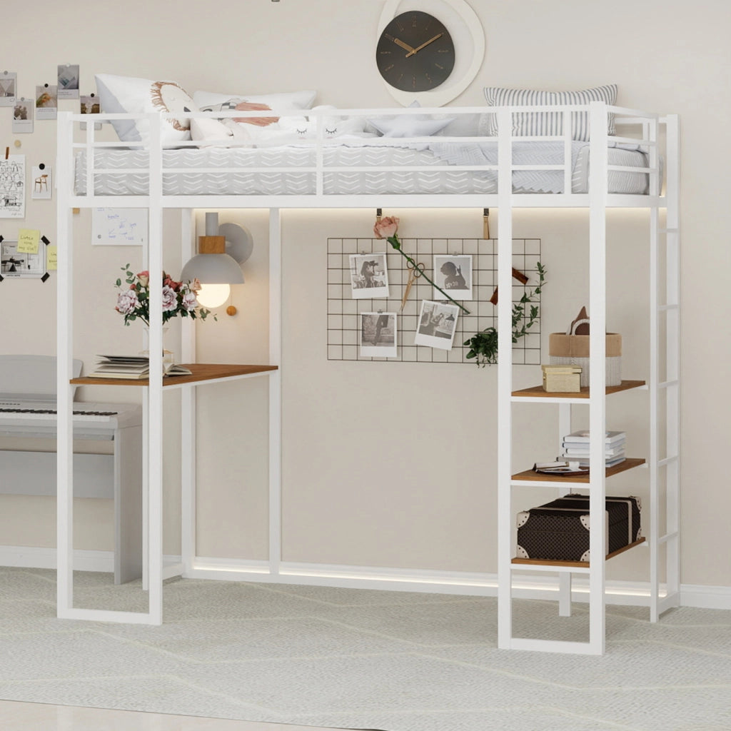 Letto a soppalco 90 × 190 cm con scrivania, scale doppie e spazio sottostante, senza materasso, bianco