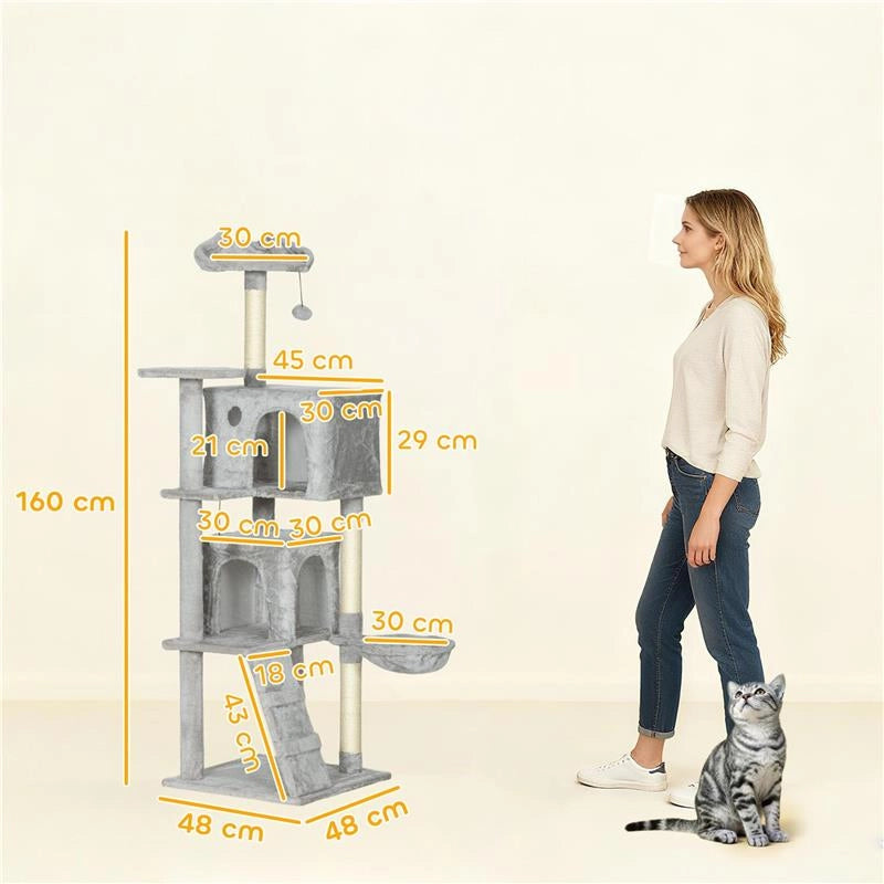 ALBERO TIRAGRAFFI PER GATTI ALTO 160 CM CON 2 CASETTE, AMACA, LETTINO E PALI IN SISAL, GRIGIO