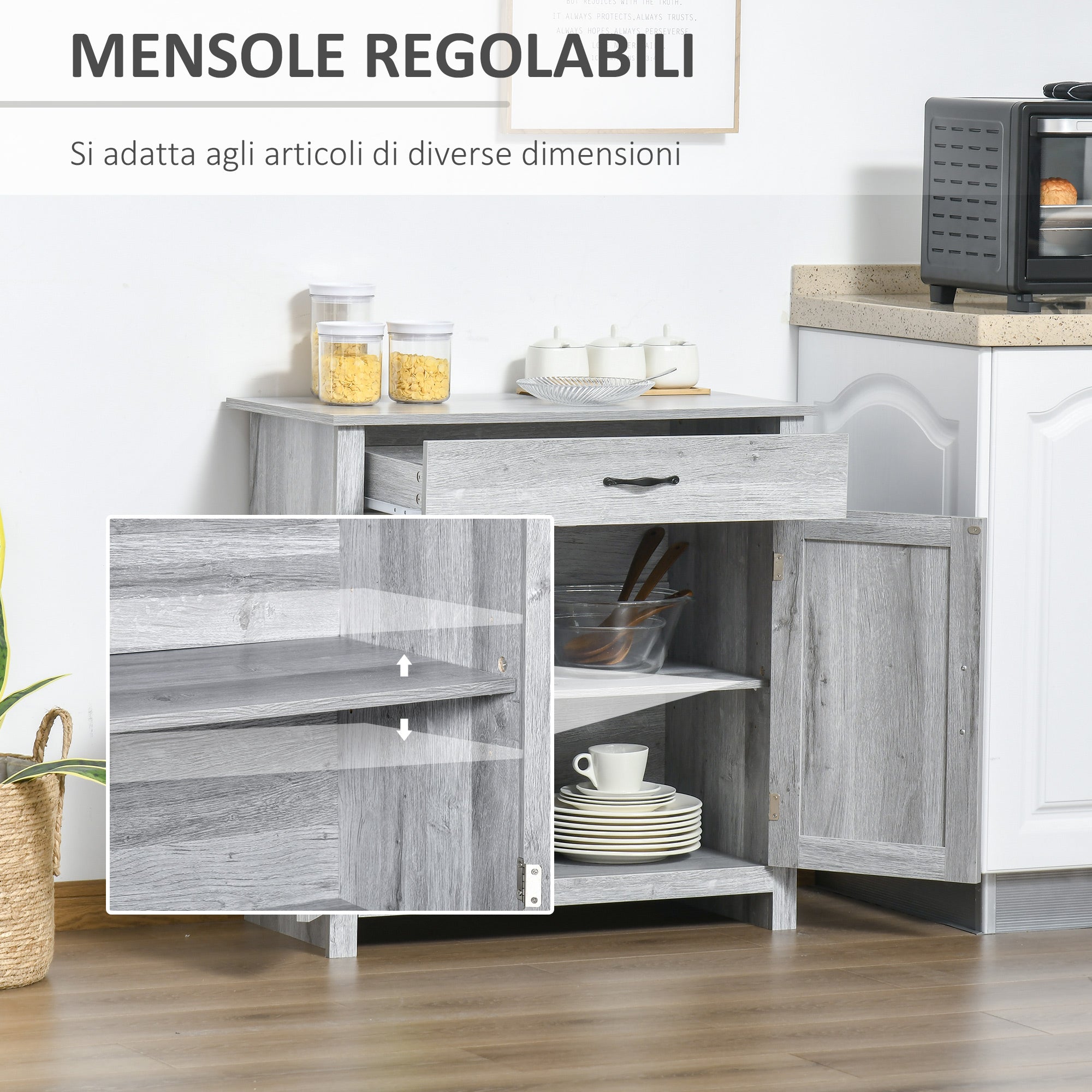Credenza Cucina Country con Armadietto a 2 Ante e Cassetto 80x39.7x80cm Grigio