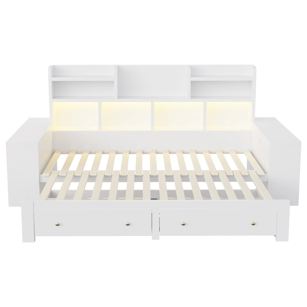 Divano letto estraibile 90x200 cm con contenitore; LED e presa bianco