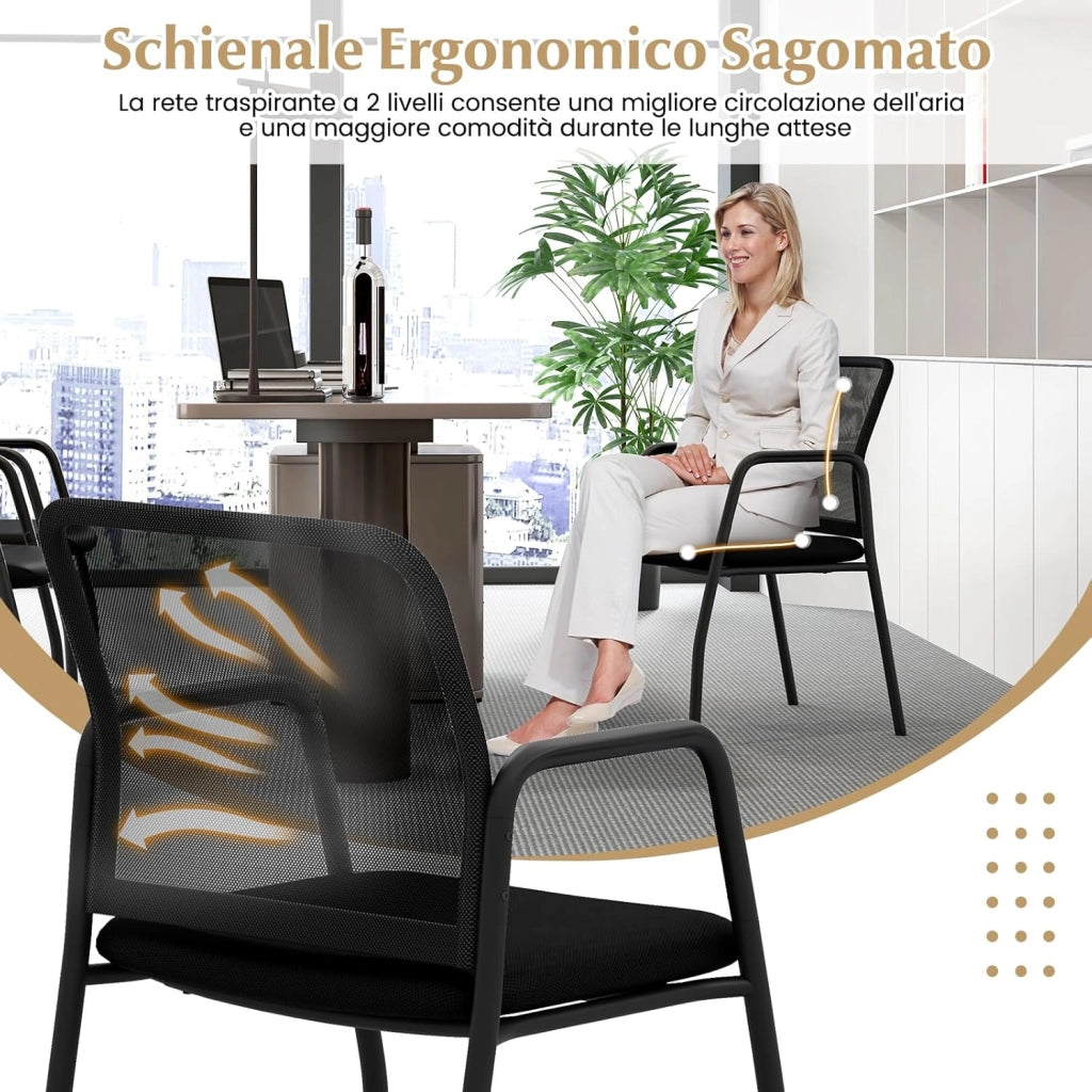 Set di 2 Sedie da Attesa, Sedia da Ufficio con con Schienale in Rete Ergonomico, Sedia da Conferenza con Braccioli e Sedile Imbottito, Portata 150 kg