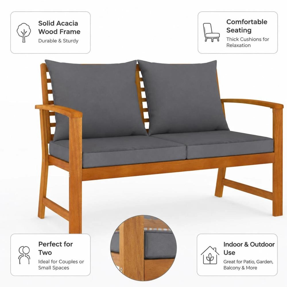 Garden Bench 120 Cm With Dark Grey Cushions, Solid Acacia Wood