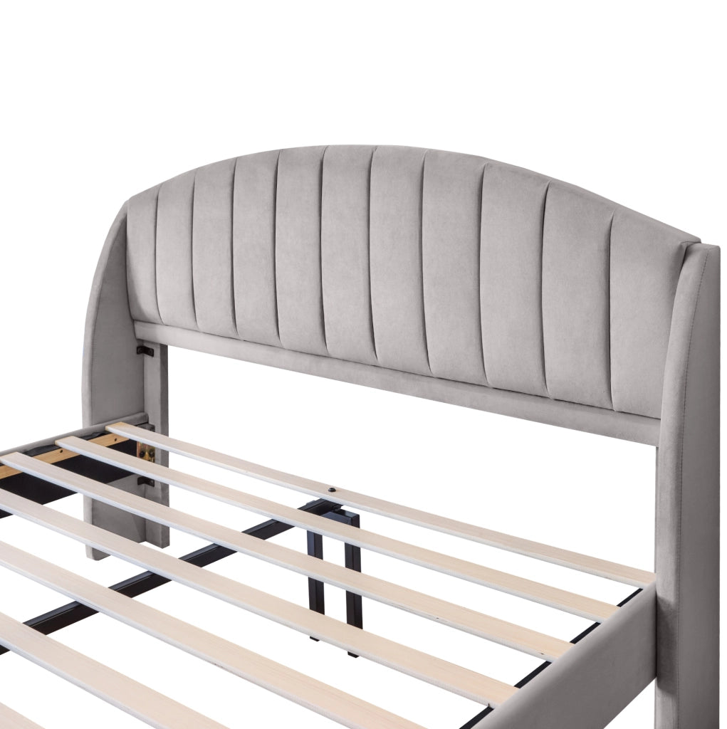 Letto imbottito matrimoniale 160x200 cm in velluto grigio con testiera e rete a doghe