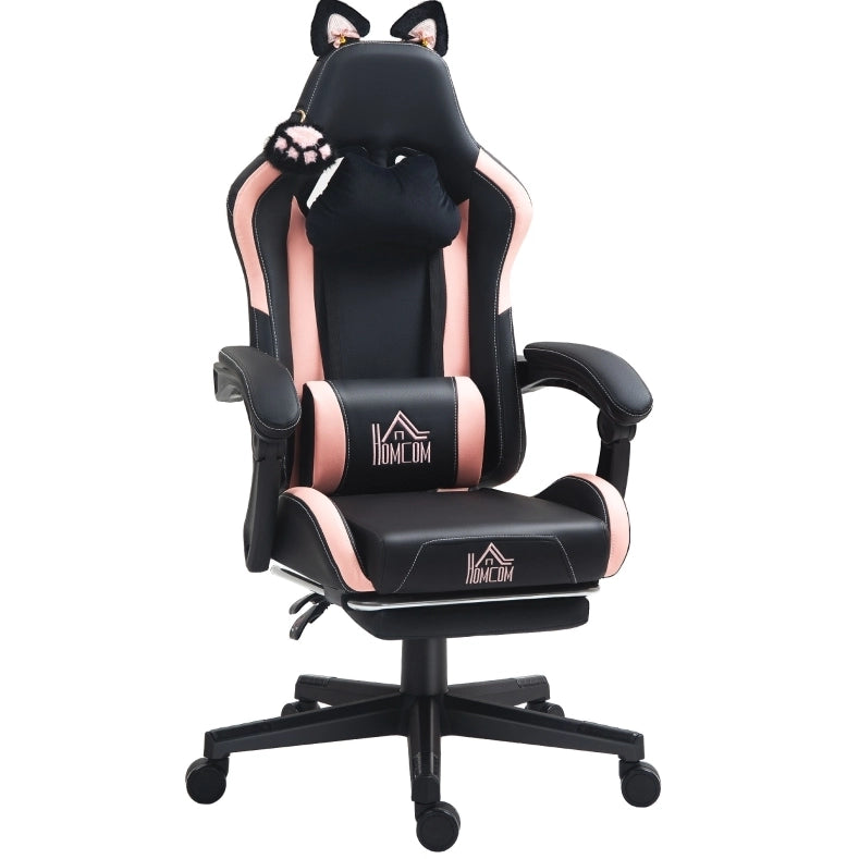 Poltrona gaming nera con orecchie di gatto e poggiapiedi
