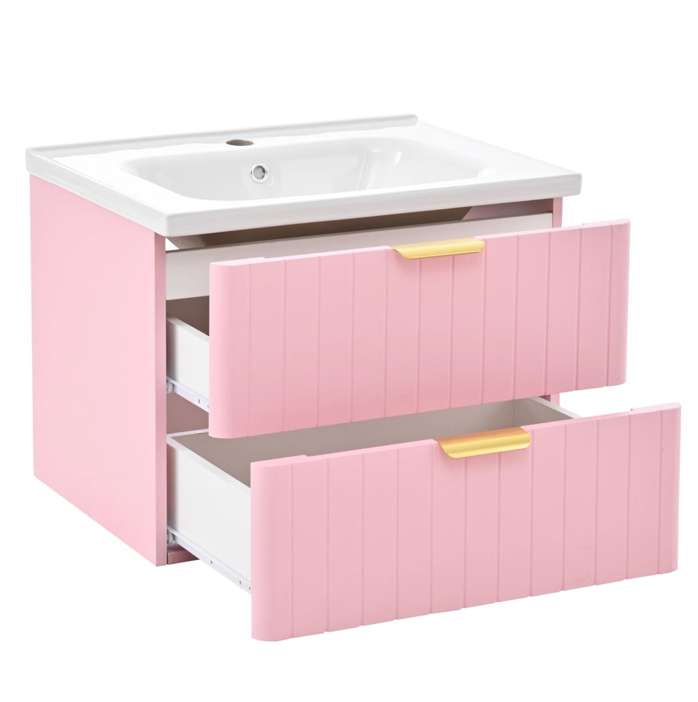 Mobile bagno sospeso con lavabo in ceramica; doppio ripiano; MDF rosa e bianco; 60;5 cm
