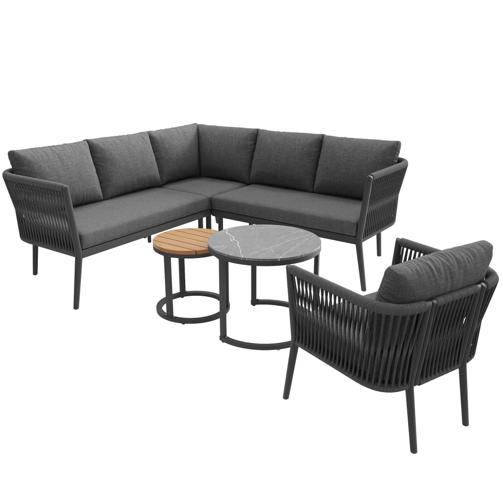 Set lounge da esterno modulare 6 pezzi con 2 tavolini; metallo e olefina; grigio