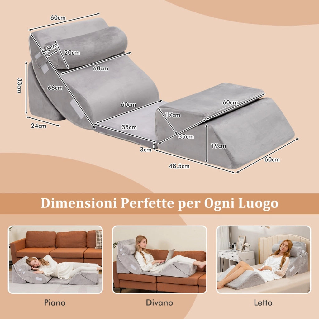 Cuscino a cuneo regolabile da 6 pezzi, Set di cuscini in memory foam per alleviare il dolore alla schiena Grigio