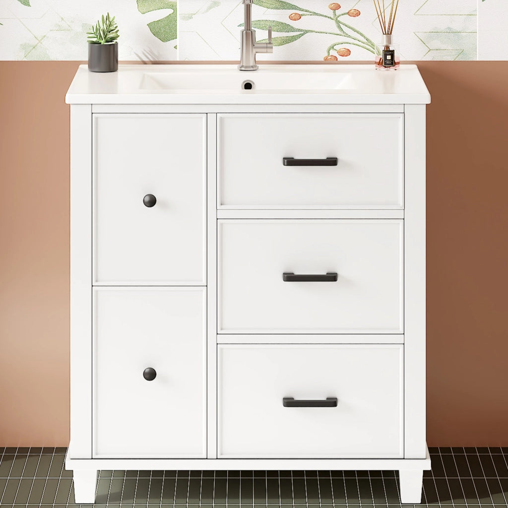 Mobile sottolavabo con 4 cassetti e 1 ribalta; per bagno; in MDF e ceramica; bianco