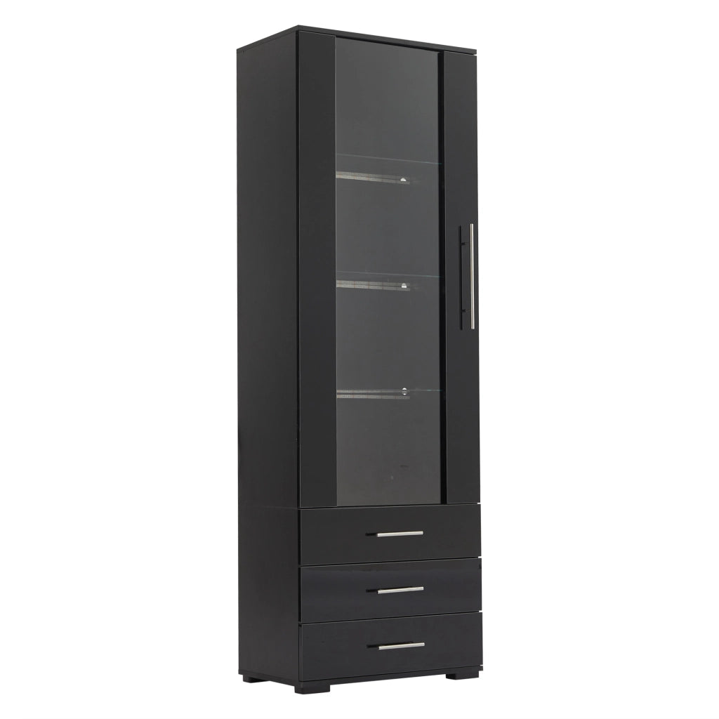 Vetrina con LED, 1 anta e 3 cassetti, frontale lucido, per soggiorno e studio, in MDF, nero, 60 × 35 × 180 cm