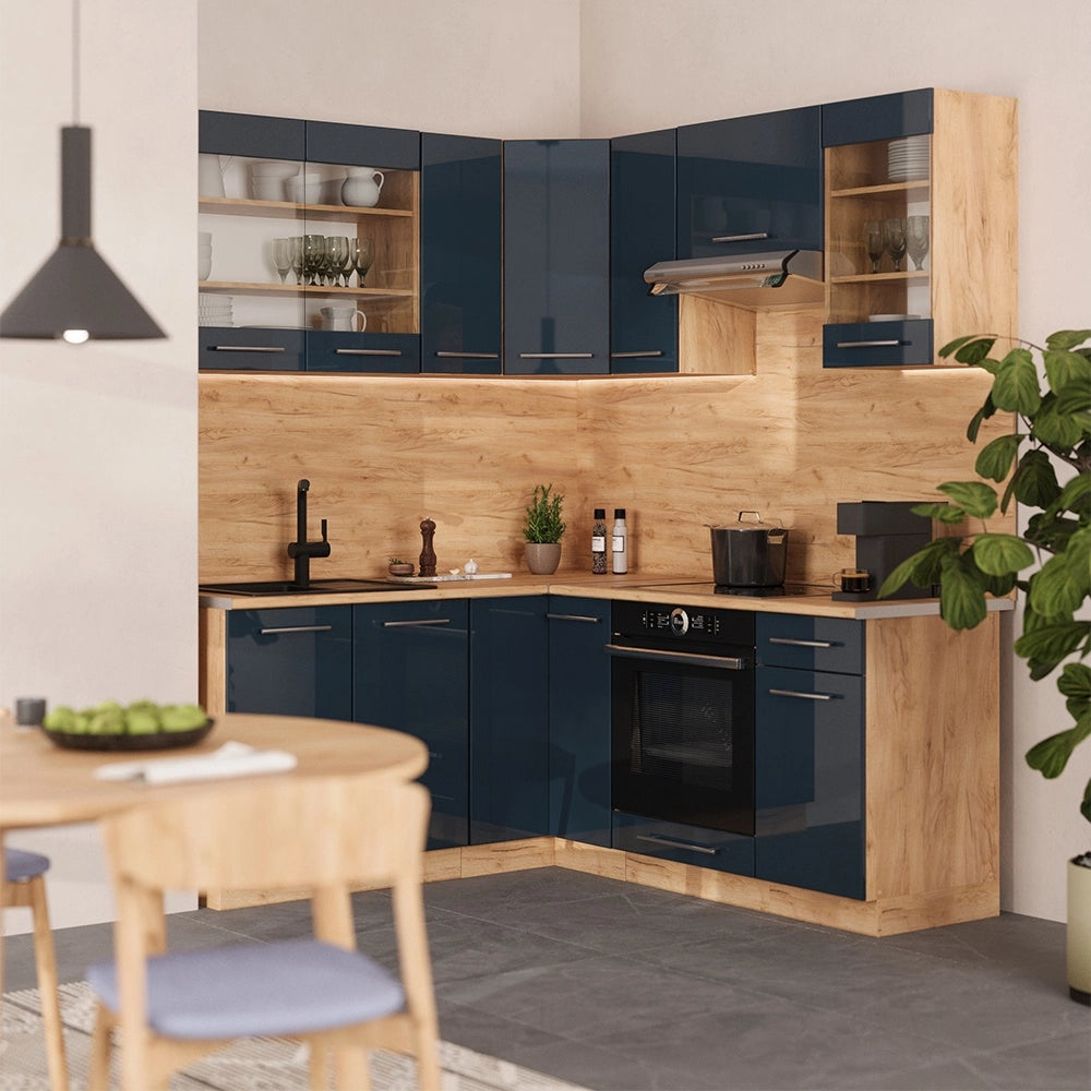 Mobili da cucina Fame-Line Blu scuro lucido/Rovere dorato 190 x 160 cm, PL Rovere Vicco