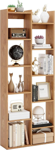 Libreria, scaffale con 12 scomparti aperti e 2 fusibili ribaltabili, 65 x 20 x 162 cm, scaffale in legno, per soggiorno, ufficio e camera da letto (naturale)