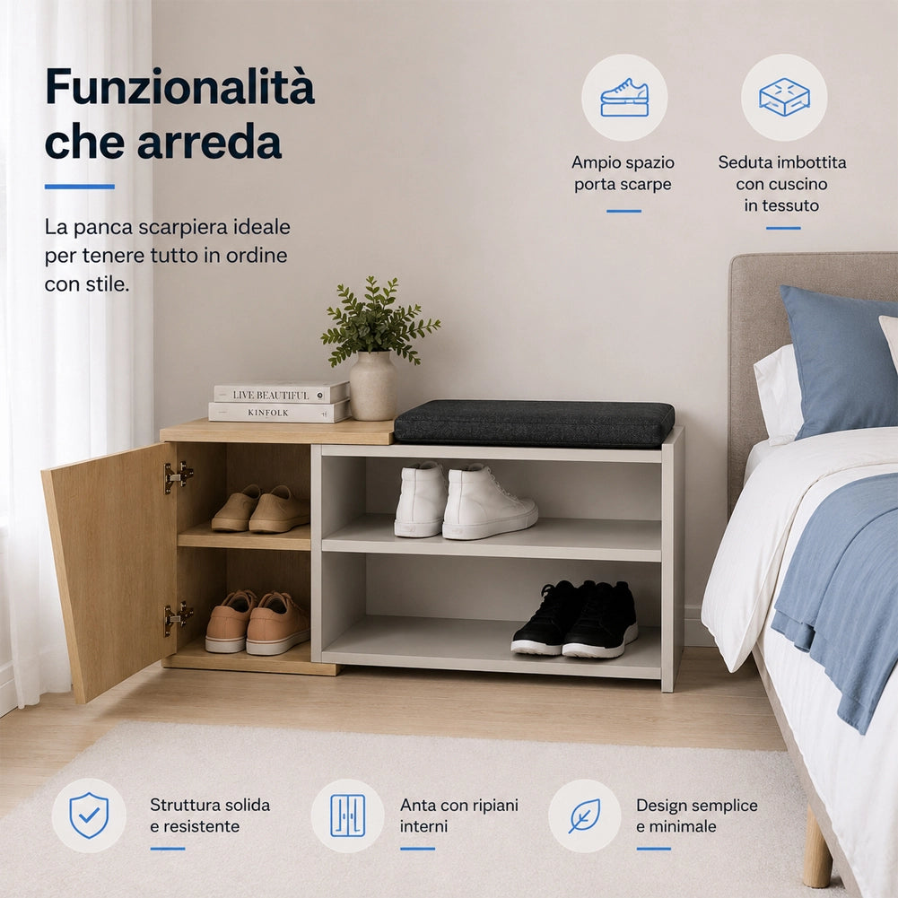 Panca Scarpiera Ingresso Casa 2 Ripiani Porta Scarpe con Anta e Cuscino Sabbia