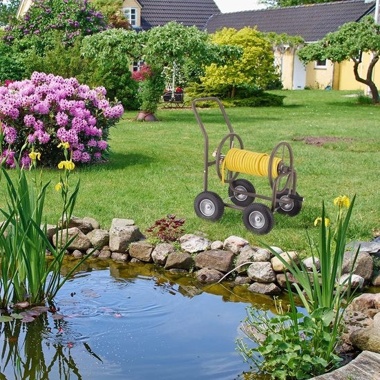 Slangaio automatico per giardino fino a 60 m - 4 ruote in gomma piena - chiusura rapida - supporto metallico per tubi - colore marrone