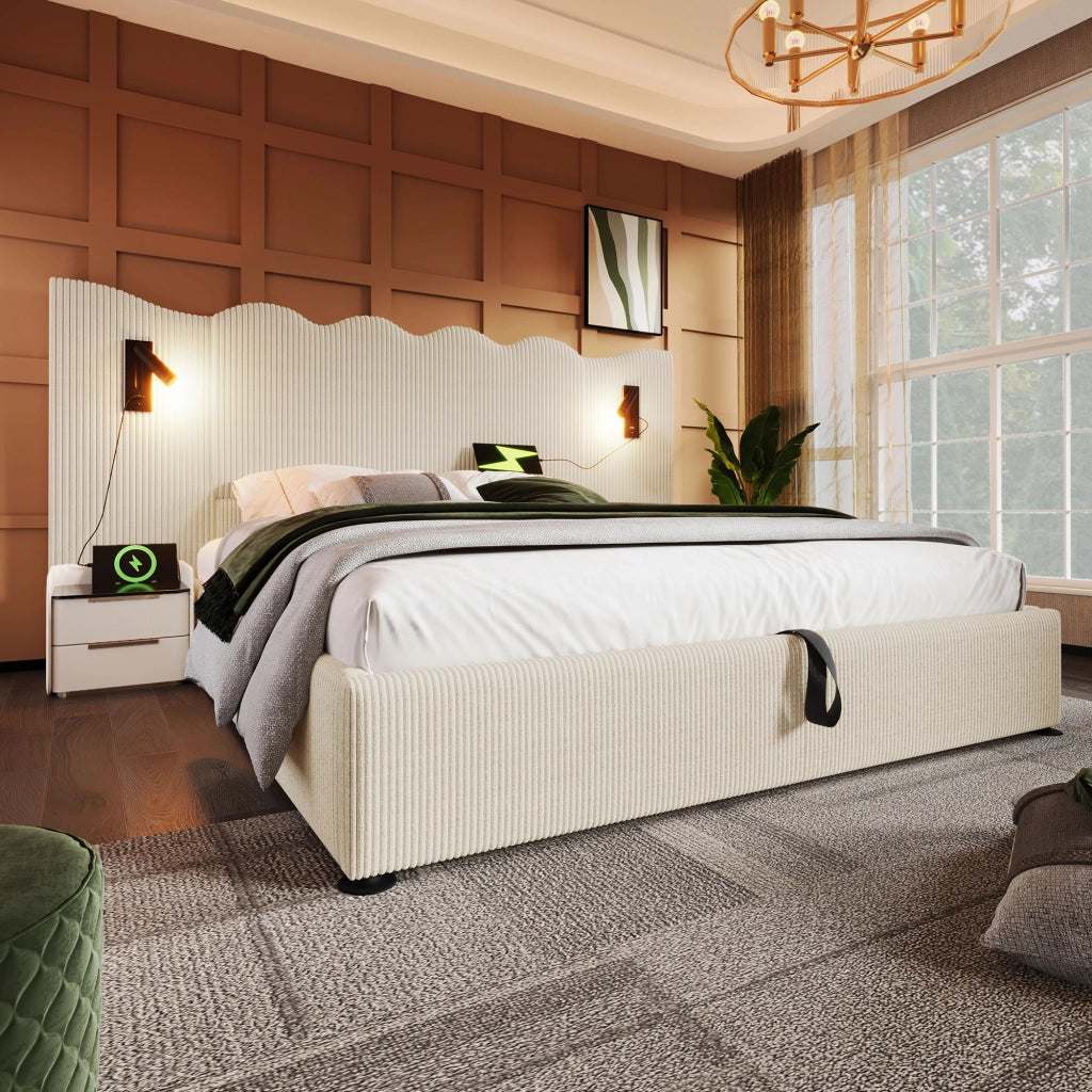 Letto matrimoniale contenitore 180x200 cm con lampada da lettura e USB Type-C, beige