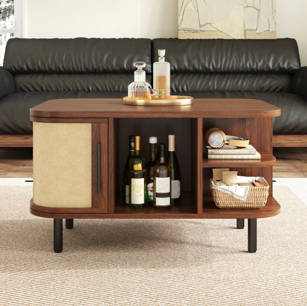 Tavolino da caffè sagomato 80x60x47 cm in MDF; colore noce; con spazio contenitivo