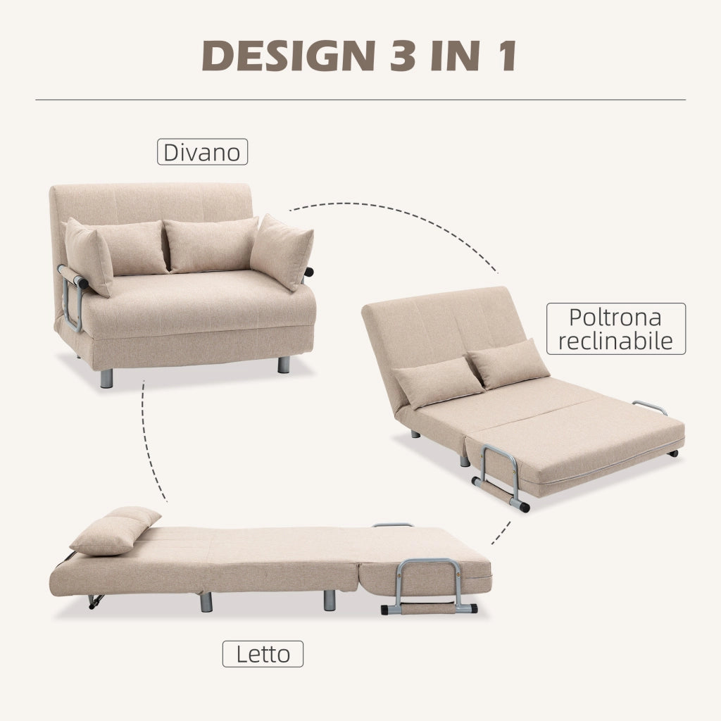 Divano Letto 2 Posti 3 in 1 Convertibile in Poltrona Reclinabile e 4 Cuscini, 102x82x81 cm, Beige