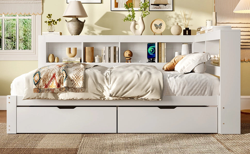 DESMIU Divano letto 140 × 200 cm 2 posti con 2 cassetti, presa di corrente e 2 porte USB, senza materasso, bianco