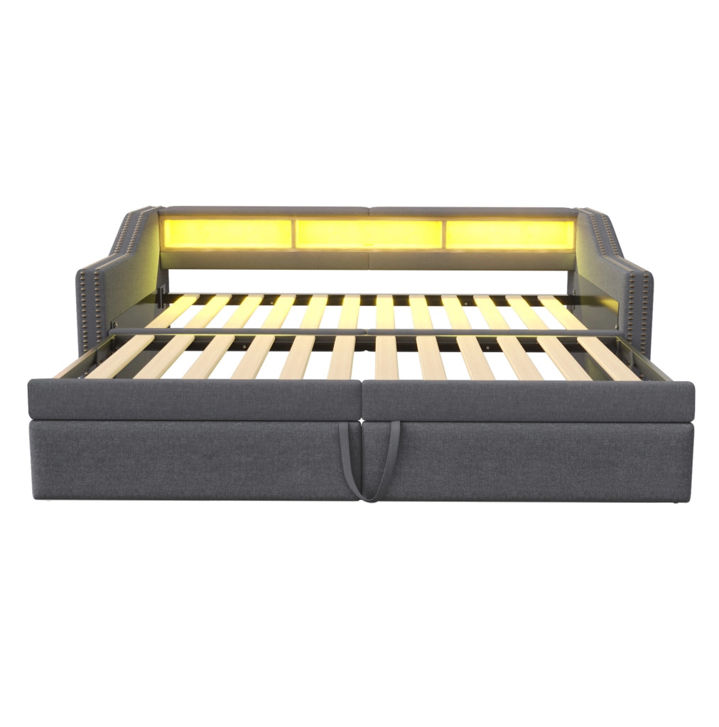 Divano letto imbottito estraibile 90/180 x 200 cm con LED e USB grigio scuro