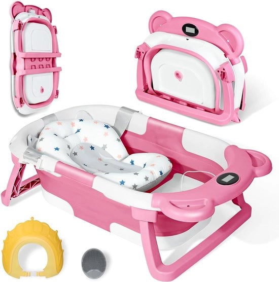 Babybad kuip opvouwbaar con termometro, set di igienica per bambini con seduta per il bagno, spazzola per il bagno per bambini e cuffia per il bagno, vasca da bagno con scarico, per 0-24 mesi (rosa)
