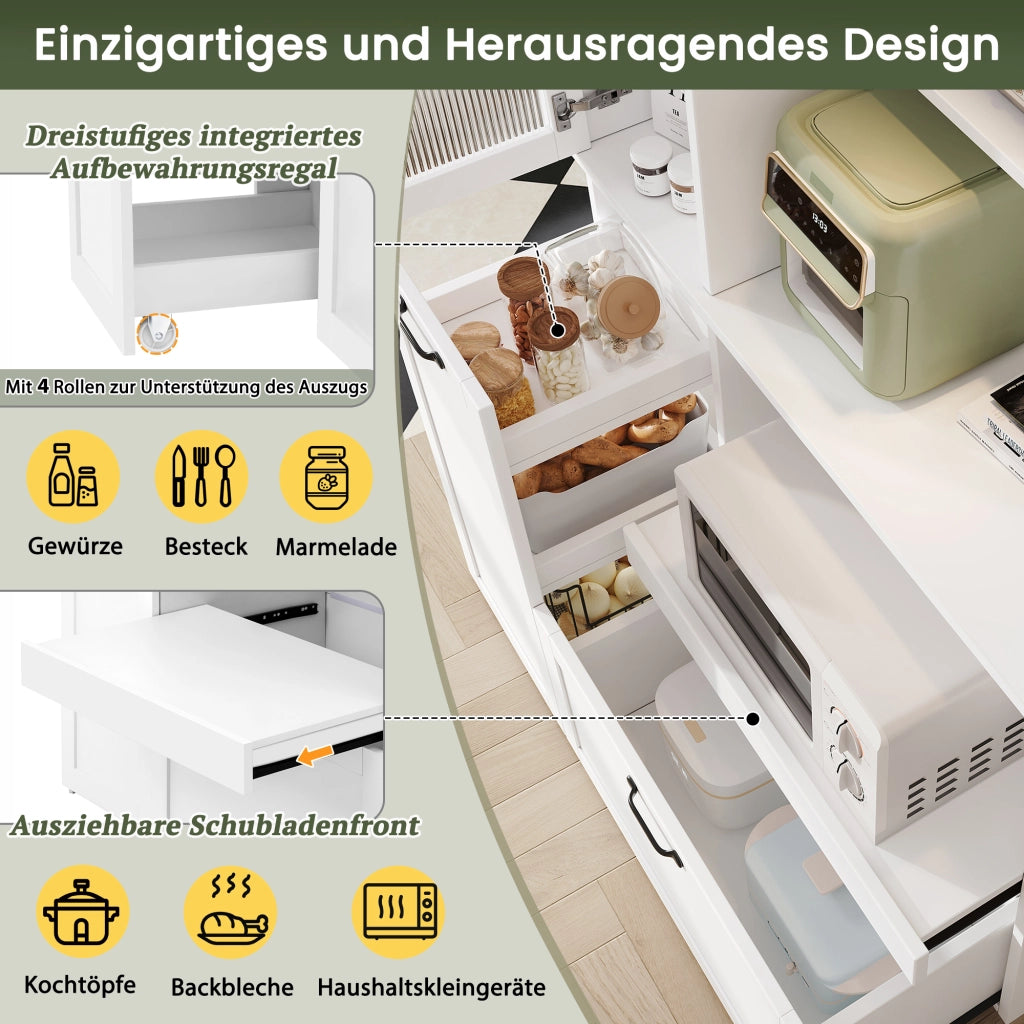 Credenza alta in MDF con ripiani regolabili, cassetto e vetro zigrinato per cucina soggiorno e sala da pranzo bianco