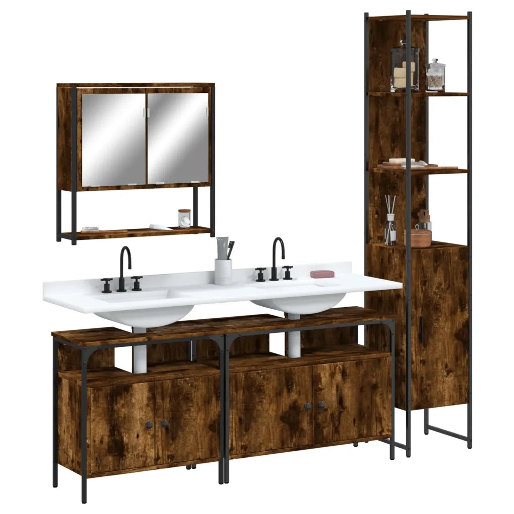 Set Mobili da Bagno | Armadio da bagno 4 pz Rovere Fumo in Legno Multistrato