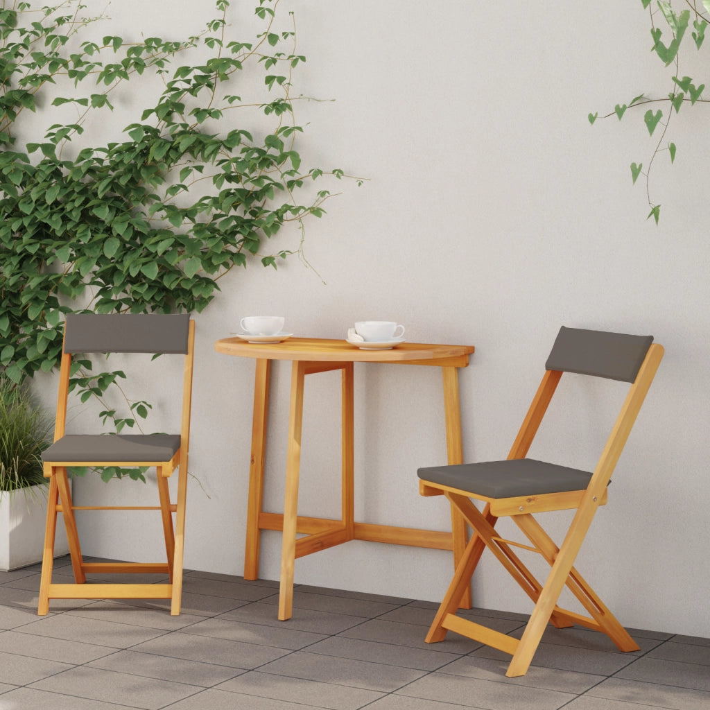 Set Bistro Pieghevole da 3 Pz con Cuscini in Legno Solido di Acacia