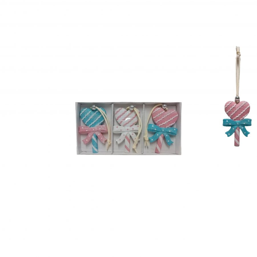 Appendini lecca lecca cuore in resina glitterato set 3 pz
