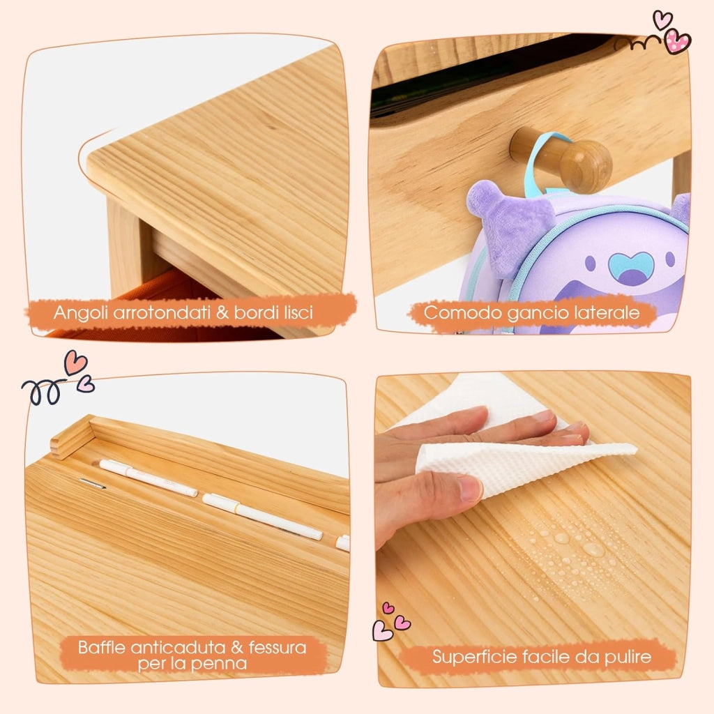 Set Tavolo e Sedia per Bambini, Scrivania Ribaltabile con Sedia per Bambini in Legno, con Cassetto e Gancio Estraibile, Bianco/Naturale (Naturale)