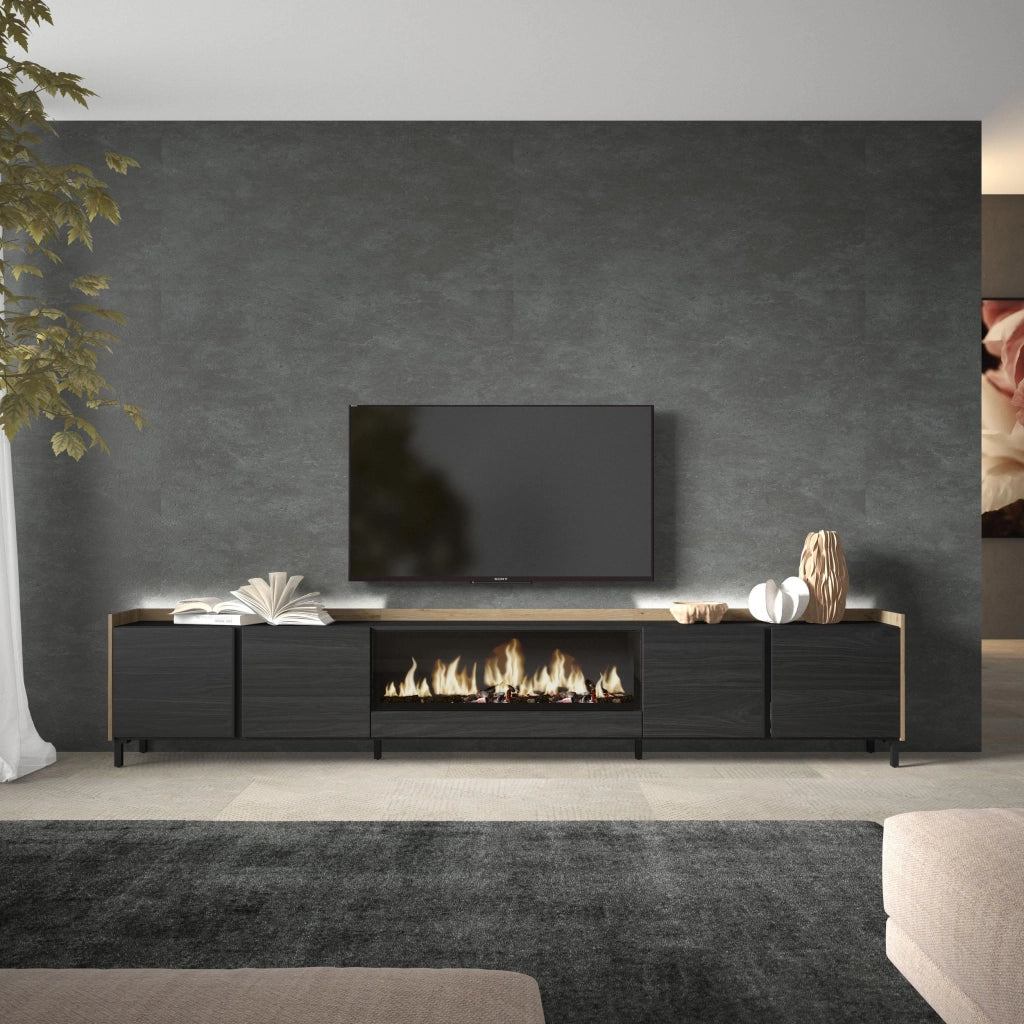 Mobile TV Soggiorno, 315x61x35 cm, Per TV fino a 80", Camino elettrico XXL, Design industriale, LED, Nero e rovere