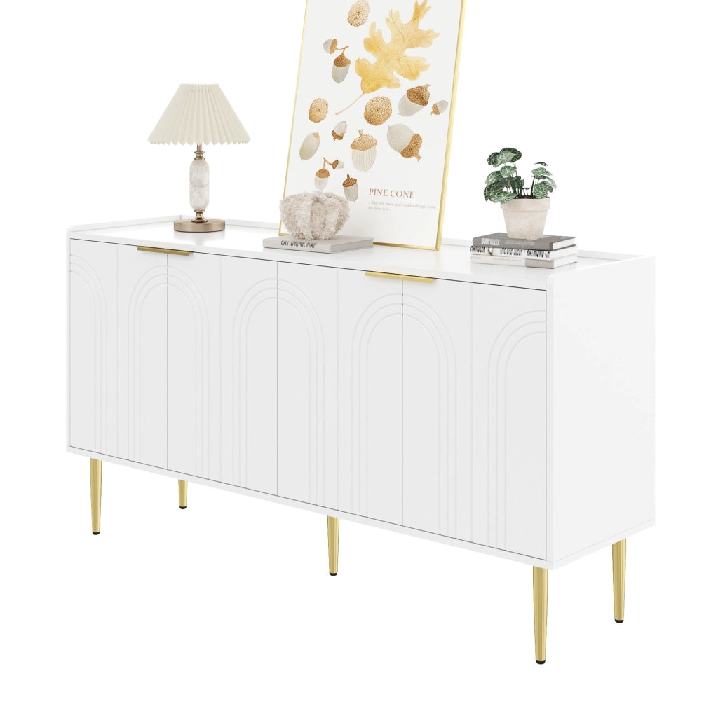 Credenza moderna bianca 140 cm con 4 ante e gambe dorate