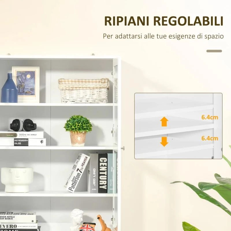 MOBILE LIBRERIA CON 2 ARMADIETTI, RIPIANI REGOLABILI E ANTE IN VETRO, 76X40X178.5 CM, BIANCO