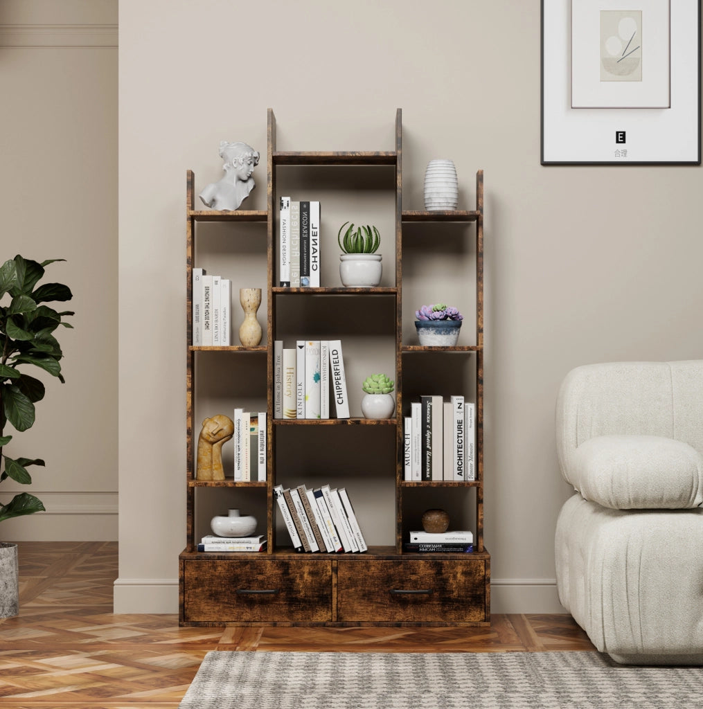 Libreria ad albero con 12 ripiani aperti e 2 cassetti