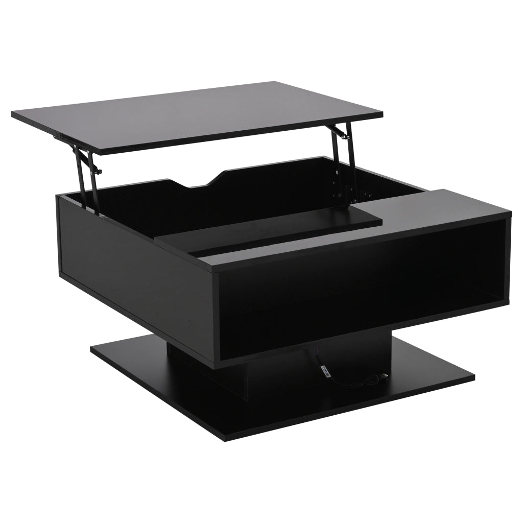 Tavolino da Salotto Sollevabile con LED e 2 Spazi Contenitore; Lucido; in Pannelli di Particelle; 80×75×40 cm; Nero