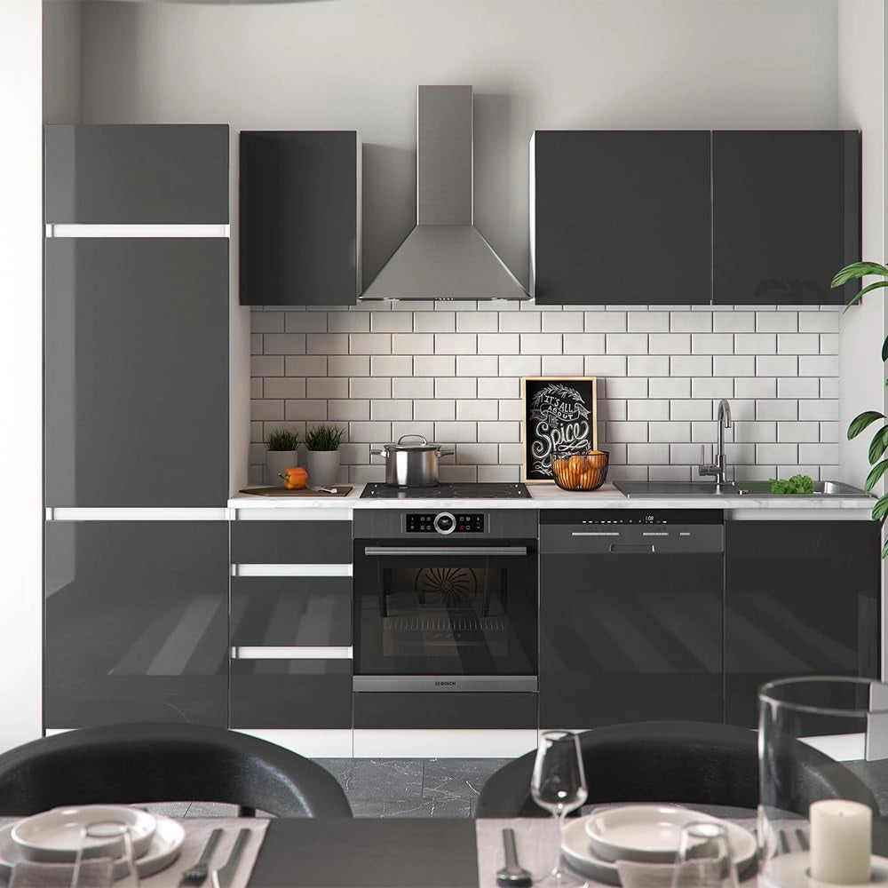 Cucina componibile Optima, Antracite lucido/bianco, 270 cm senza piano di lavoro, senza maniglie, per l'espansione personalizzata e la disposizione flessibile dei moduli