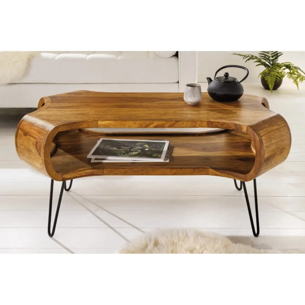 Tavolino basso NERA 100 cm in legno massello di Sheesham con nicchia – stile retrò industriale