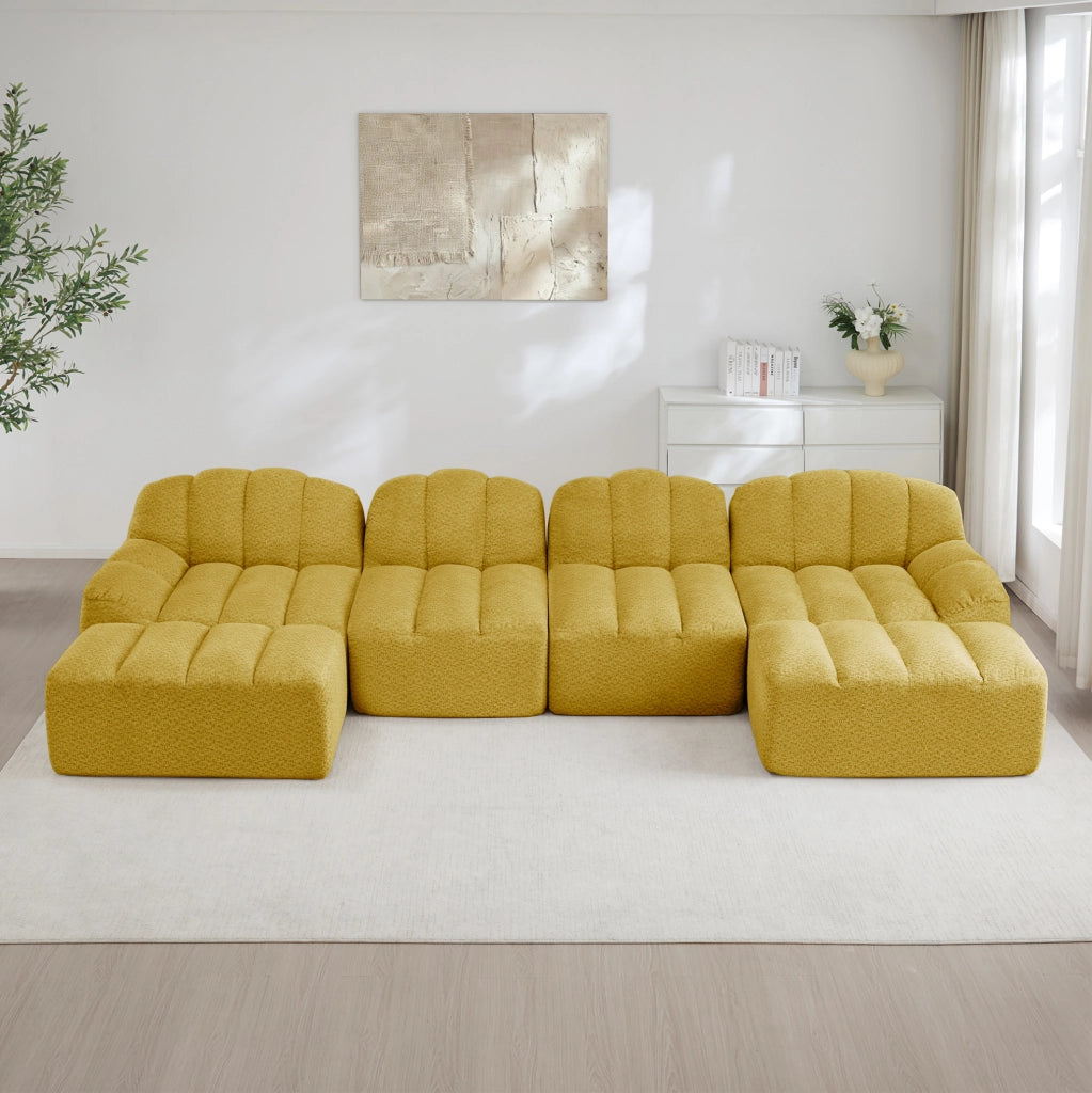 Divano modulare 4 posti con 2 pouf; configurazione a U o L; in fleece granulato giallo