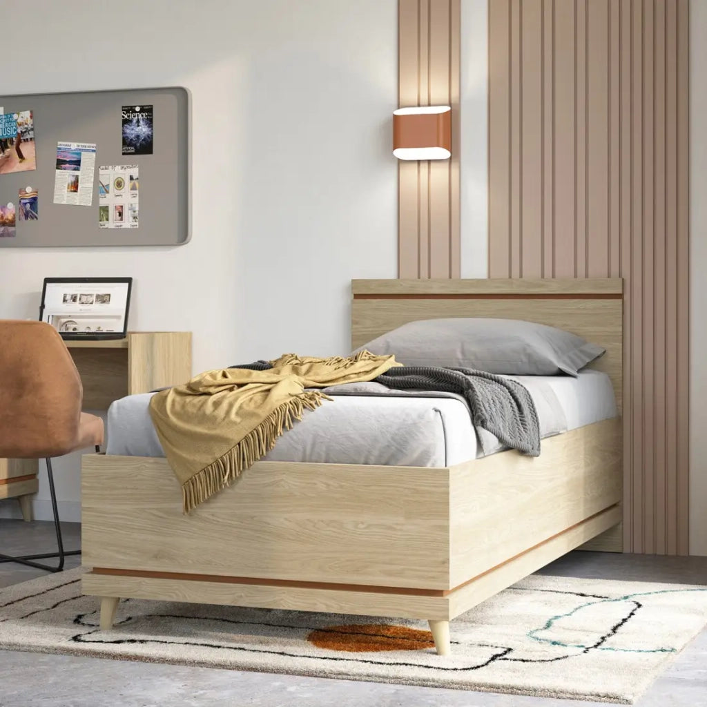 Letto bambino NOKI – 100x200 cm rovere chiaro e moka – Stile scandinavo senza doghe