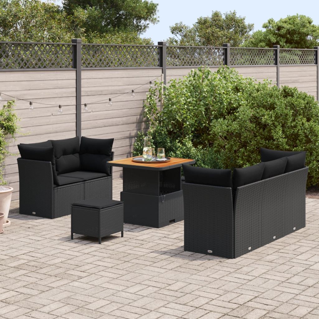 Set Divano da Giardino 8 Pezzi con Cuscini Nero Polyrattan Acacia