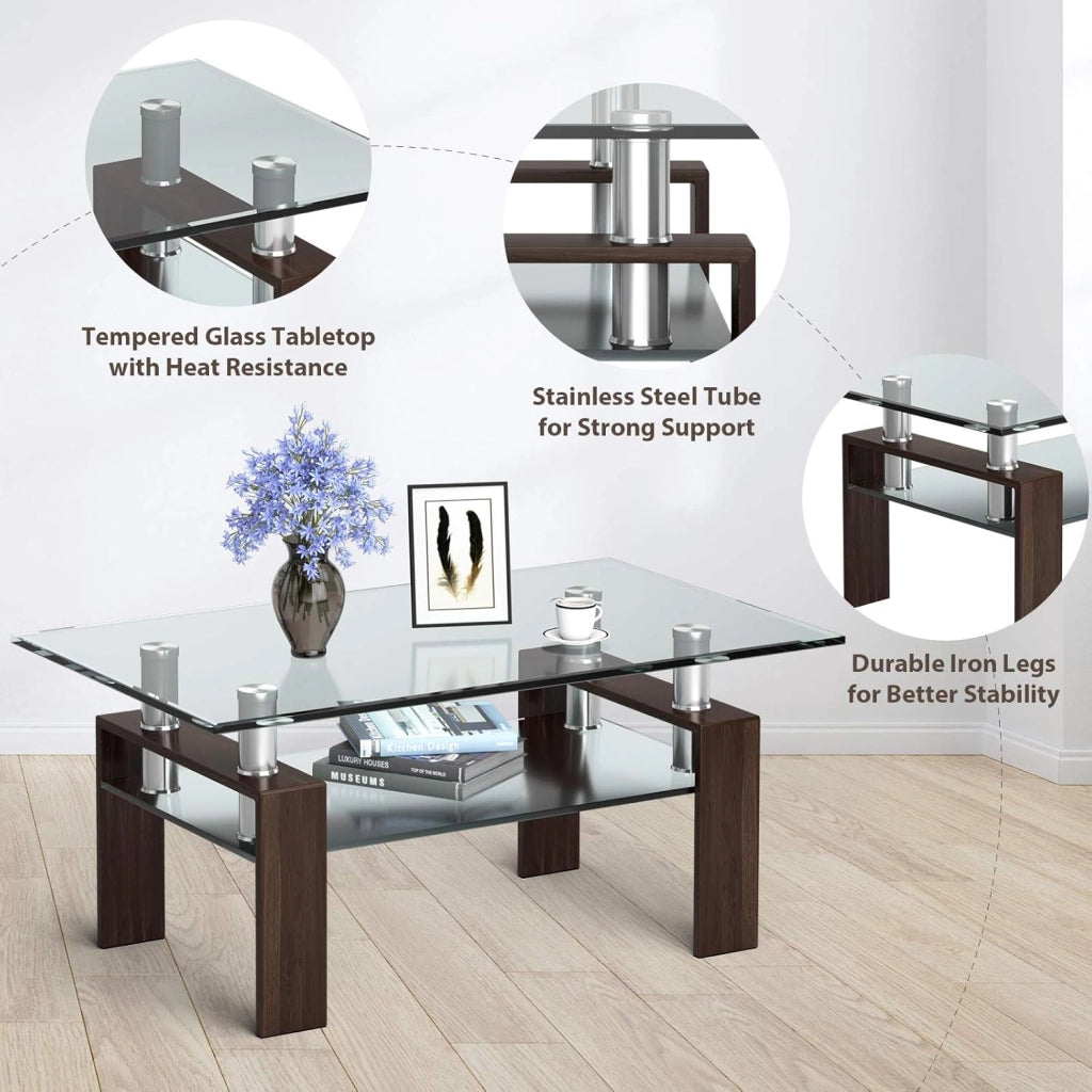Tavolino da caffè rettangolare in vetro, moderno, tavolino da tè a 2 livelli, tavolino lungo con gambe in metallo, tavolo in vetro per soggiorno, ufficio, 99,5 x 59,5 x 44,5 cm