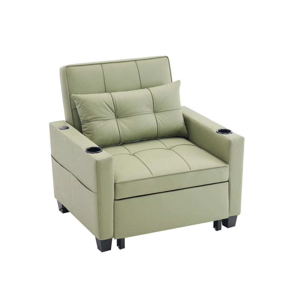 Poltrona letto convertibile 3 in 1 con funzione letto, tasca laterale e portabicchieri, in legno e metallo, avocado