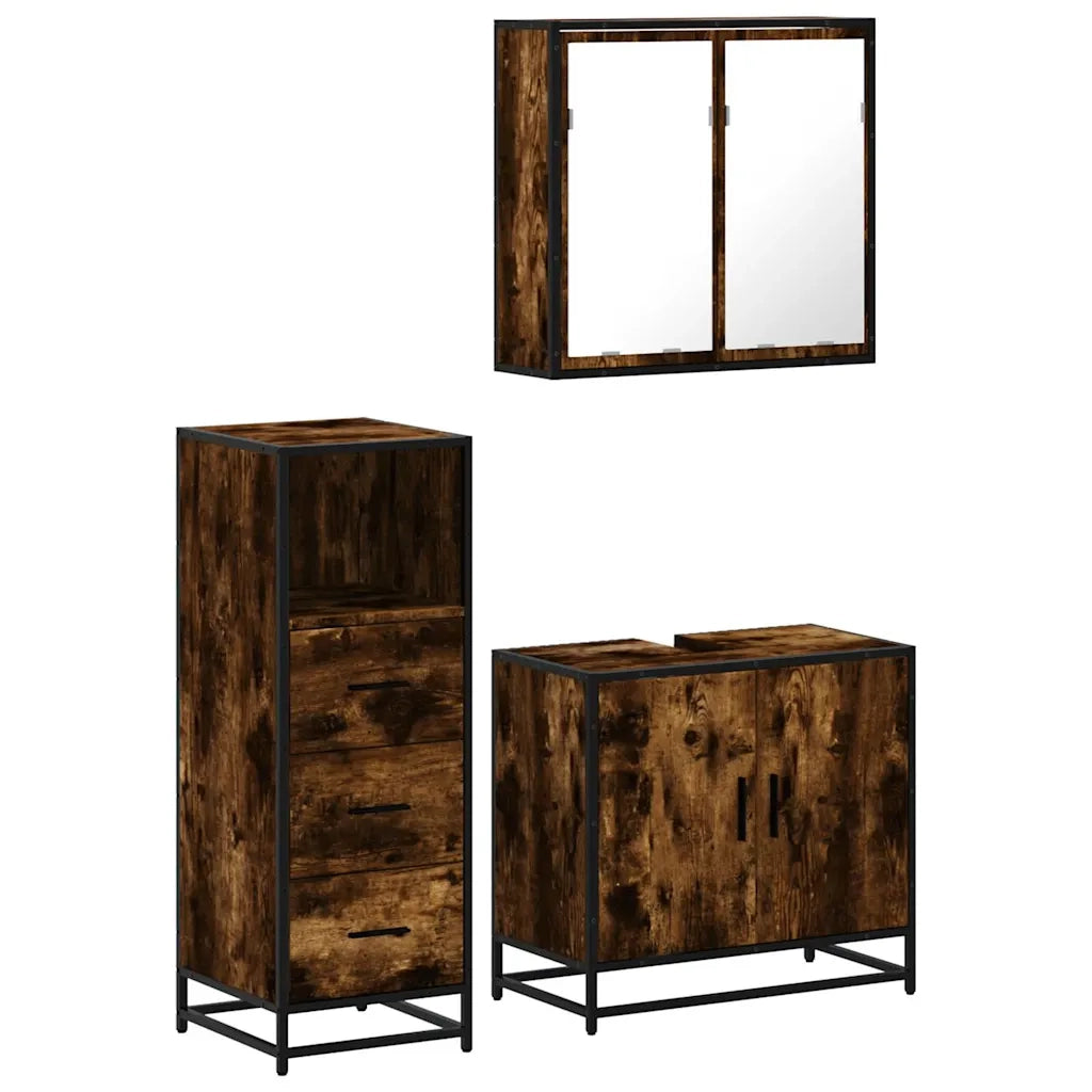 Set Mobili da Bagno 3 pz Rovere Fumo in Legno Multistrato
